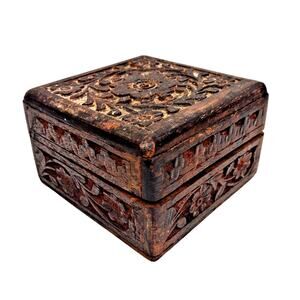 Vintage Handmade Carved Wooden Tobacco Jewelry Keepsake Box With Brass Hinges